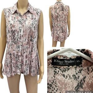 Knapp Studio Snakeskin Print Button Up Sleeveless Collared Stretch Top Womens XL